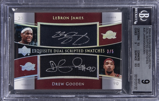 2004-05 UD "Exquisite Collection" Dual Scripted Swatches #JG LeBron James/Drew Gooden Dual Signed Jersey Card (#3/5) - BGS MINT 9/BGS 9
